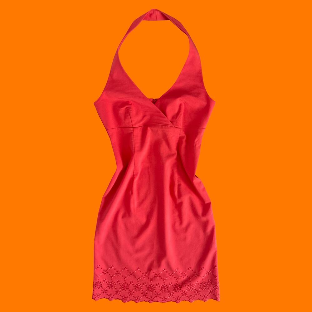 90's 00's coral eyelet bodycon y2k halter dress Size 7 city triangles